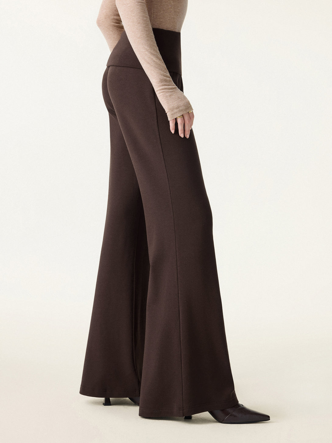 Tummy Warmer Folding Waistband Flared Pants with Pockets