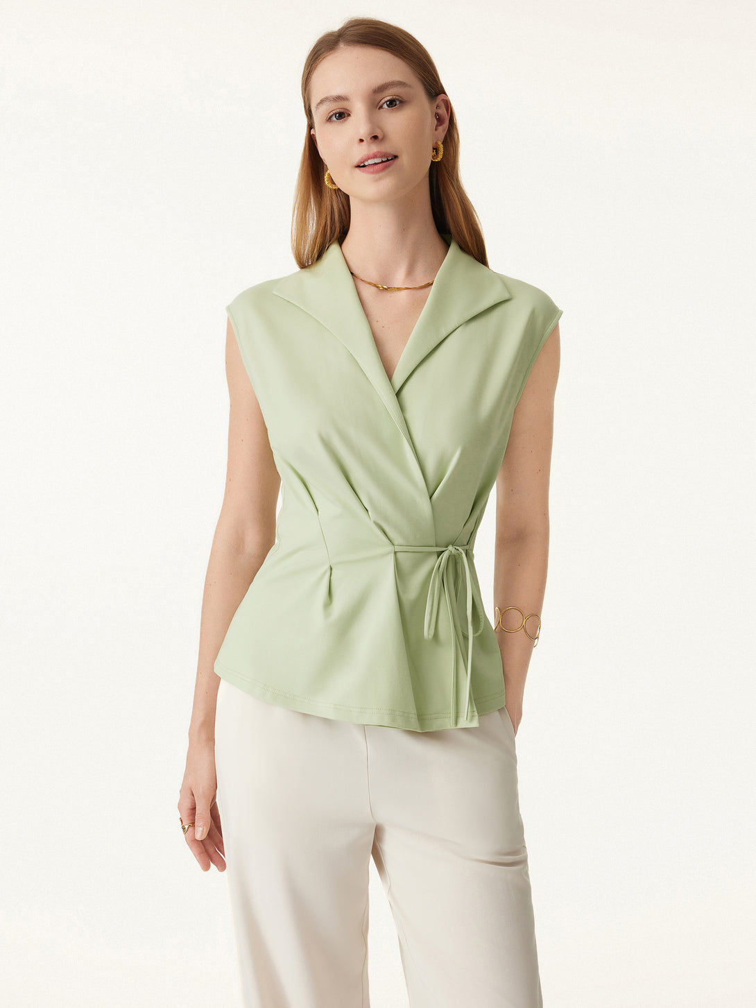 Icy Ponte Flap Collar Surplice Sleeveless Top with Drawstring Tie