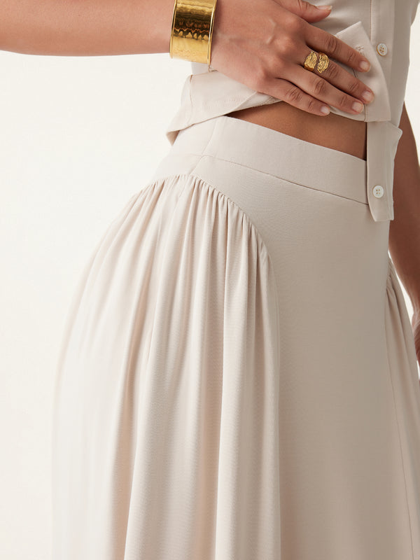 Curved Gathering Flared Midi Skirt with Pockets