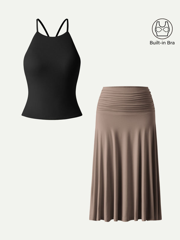 2Pcs Tie Back Bandless Bra Tank & Side Ruched A-line Midi Skirt