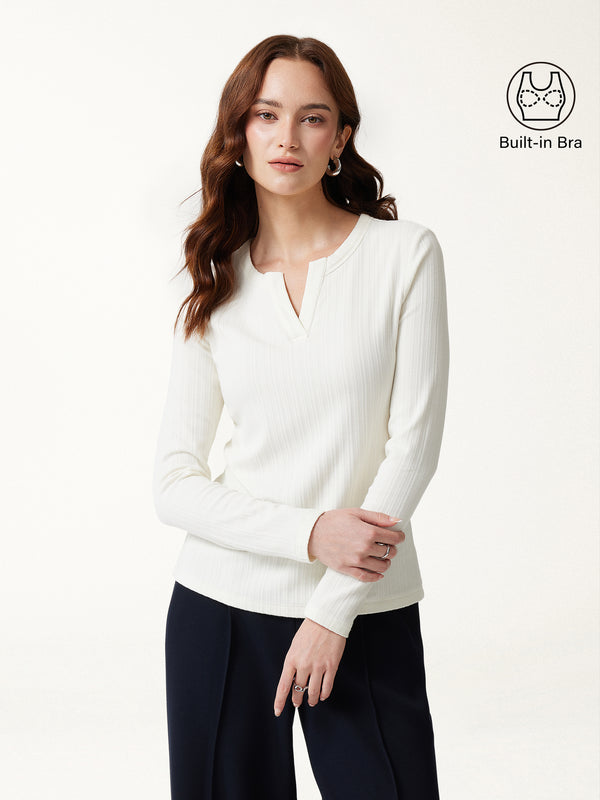 OGLmove Prowarm Viscose Henley Neck Long Sleeve Built-In Bra Top Off White XXS