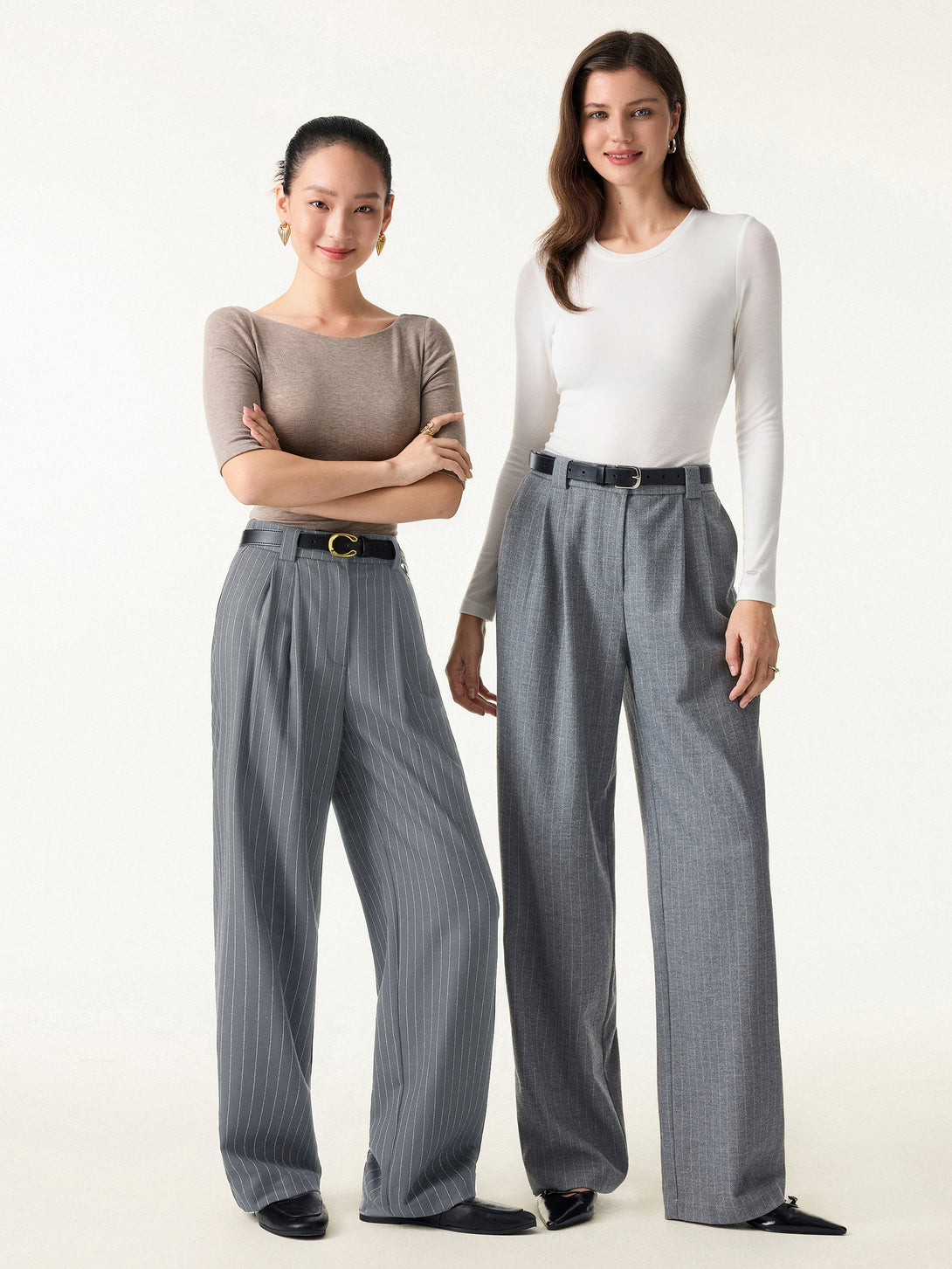 Stretch Striped Mid Rise Wide Leg Trousers with Pockets