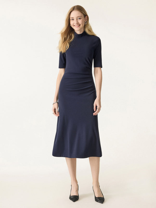 OGLmove Cotton Blend Mock Neck Elbow Sleeve Tucked A-Line Midi Dress Navy XXS