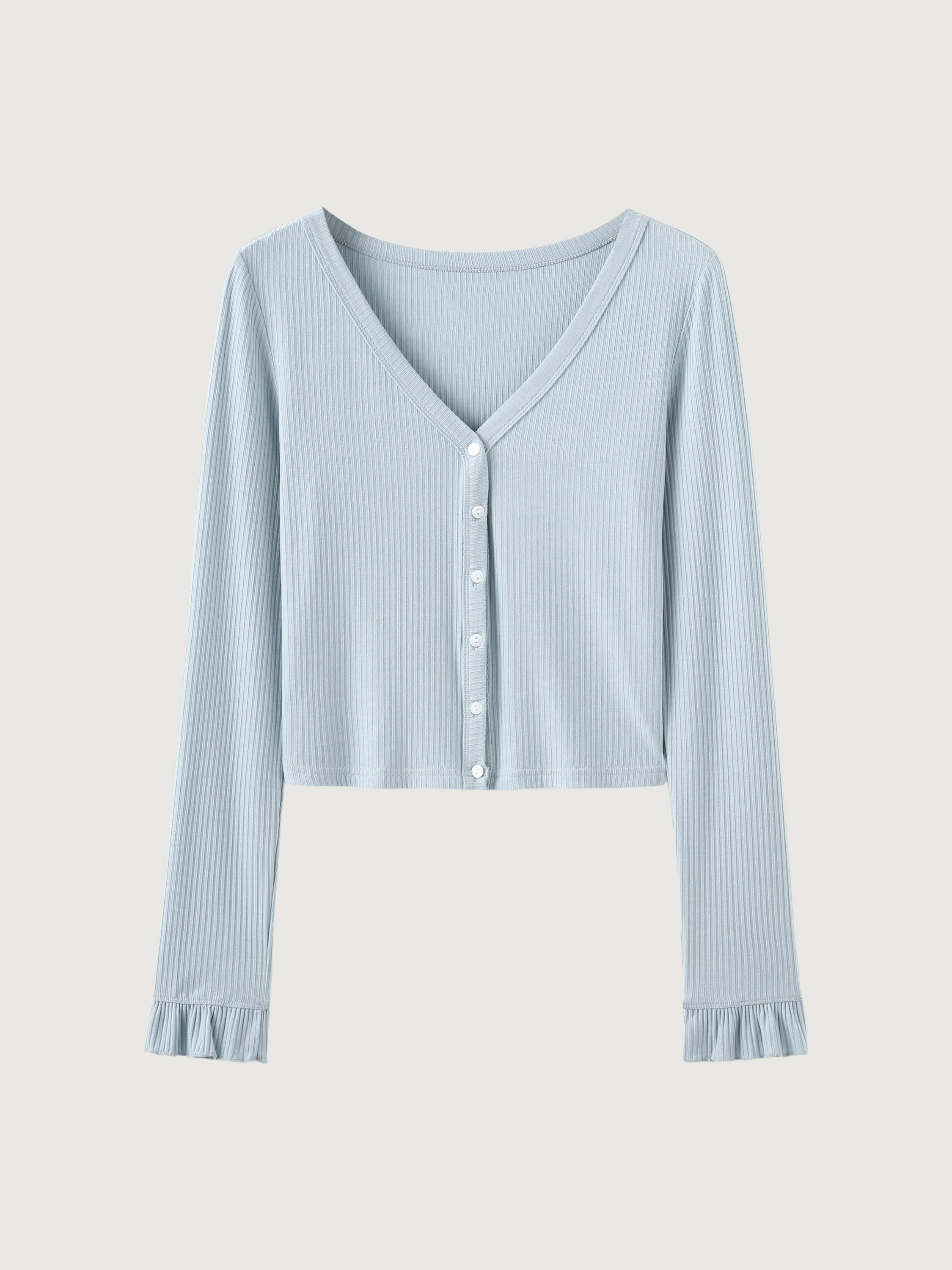 Cool Rib Ruffle Sleeve Button-Down Cardigan - Salt Blue