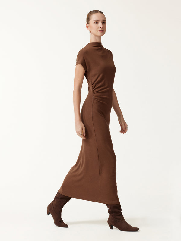 OGLmove Eco-Mousse® Mock Neck Cap Sleeve Ruched Midi Dress Sweet Hazelnut XXS