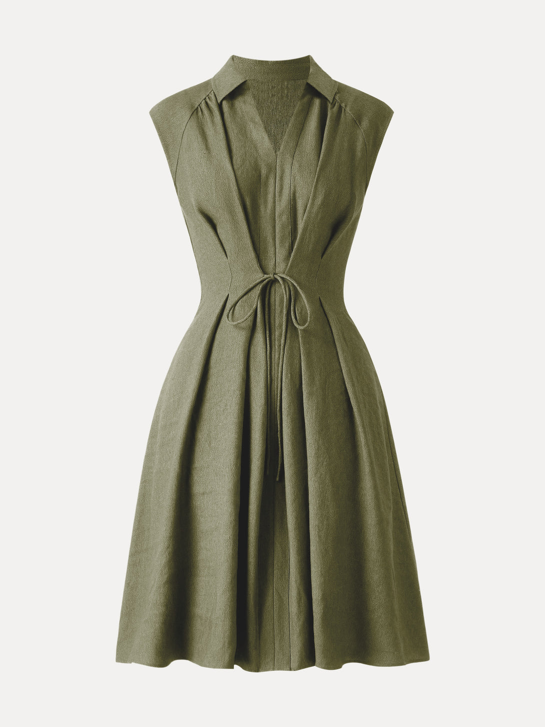 Viscose-Linen Collared V-neck Midi Dress with Drawstring
