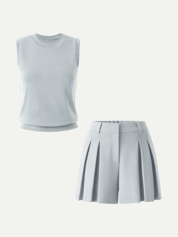 OGLmove 2Pcs Set Crew Neck Top & High Rise A-Line Pleated Shorts