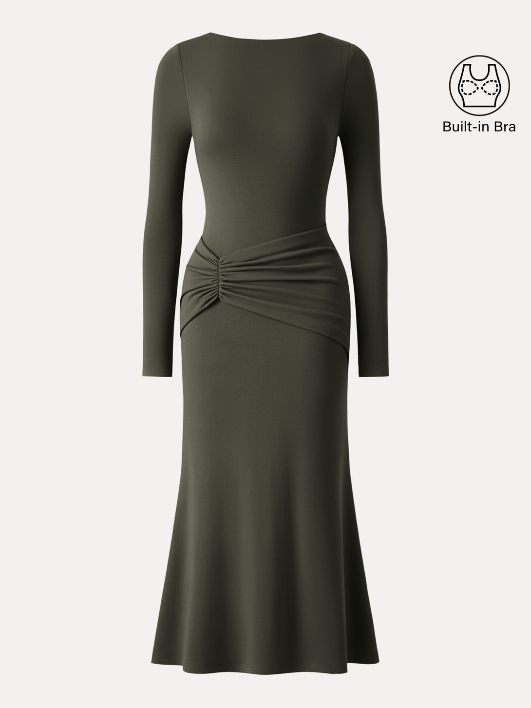 ProWarm Boatneck Gathered Waist Midi Brami Dress Deep Olive XS