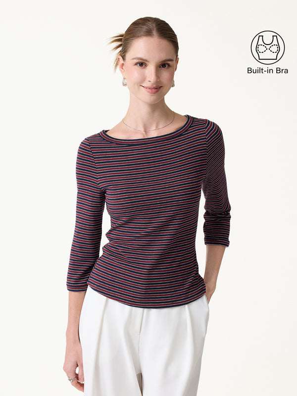 OGLmove LiteWarm Striped Parisian Boatneck 3/4 Sleeve Built-In Bra Top 2.0