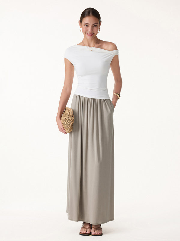 OGLmove 2Pcs Set Cowl Neck Bra Tank & A-Line Maxi Skirt with Pockets