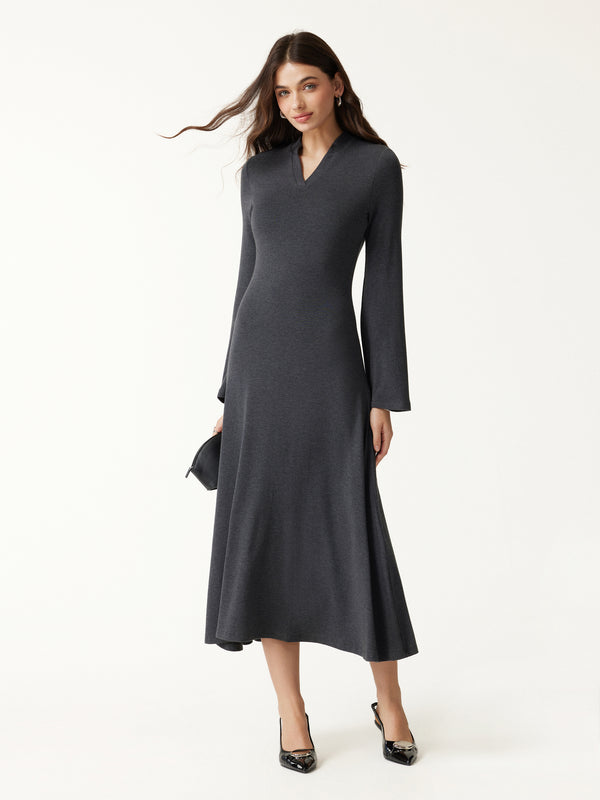 OGLmove LiteWarm V-Neck Long Sleeve Flowy Midi Built-In Bra Dress