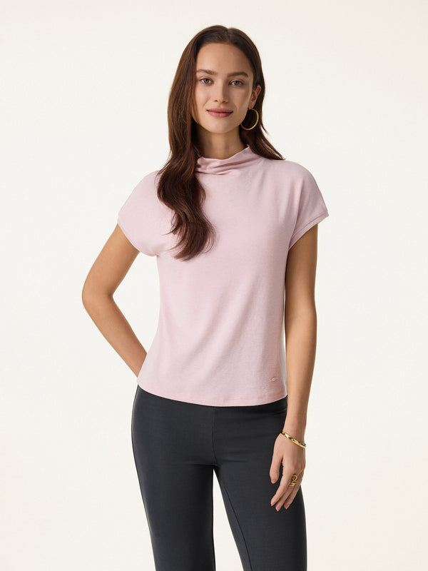 Lyocell Wool Semi-Sheer Mockneck Cap Sleeve Top Light Pink XS
