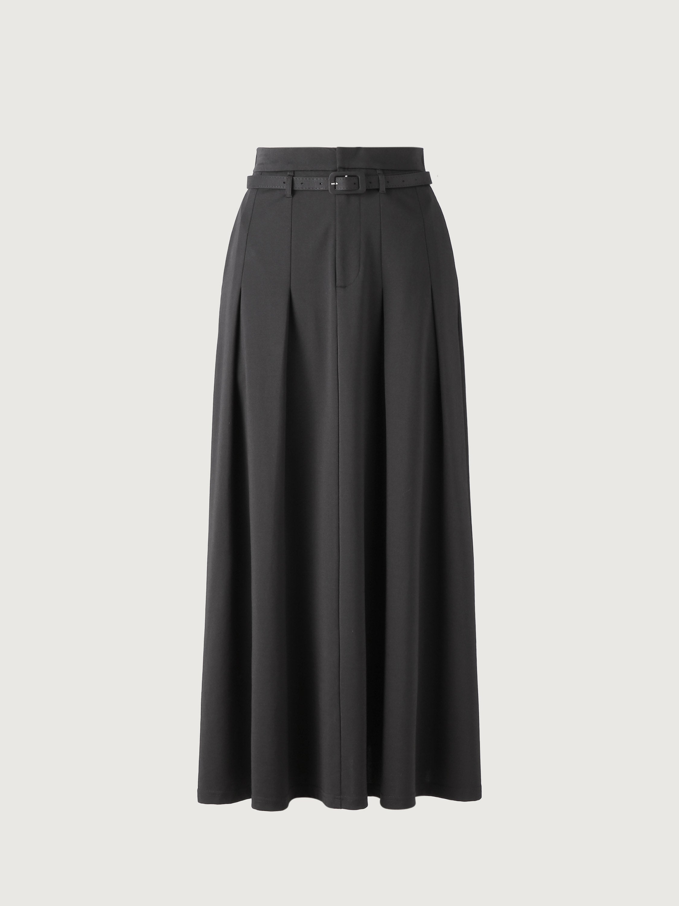 Pin-Tuck Midi Skirt with Belt - Black