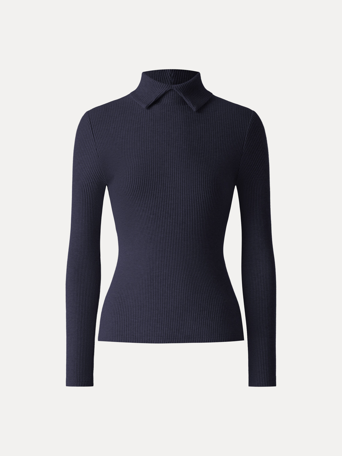 Ribbed Stand Collar Long Sleeve Top Smoky Navy XS