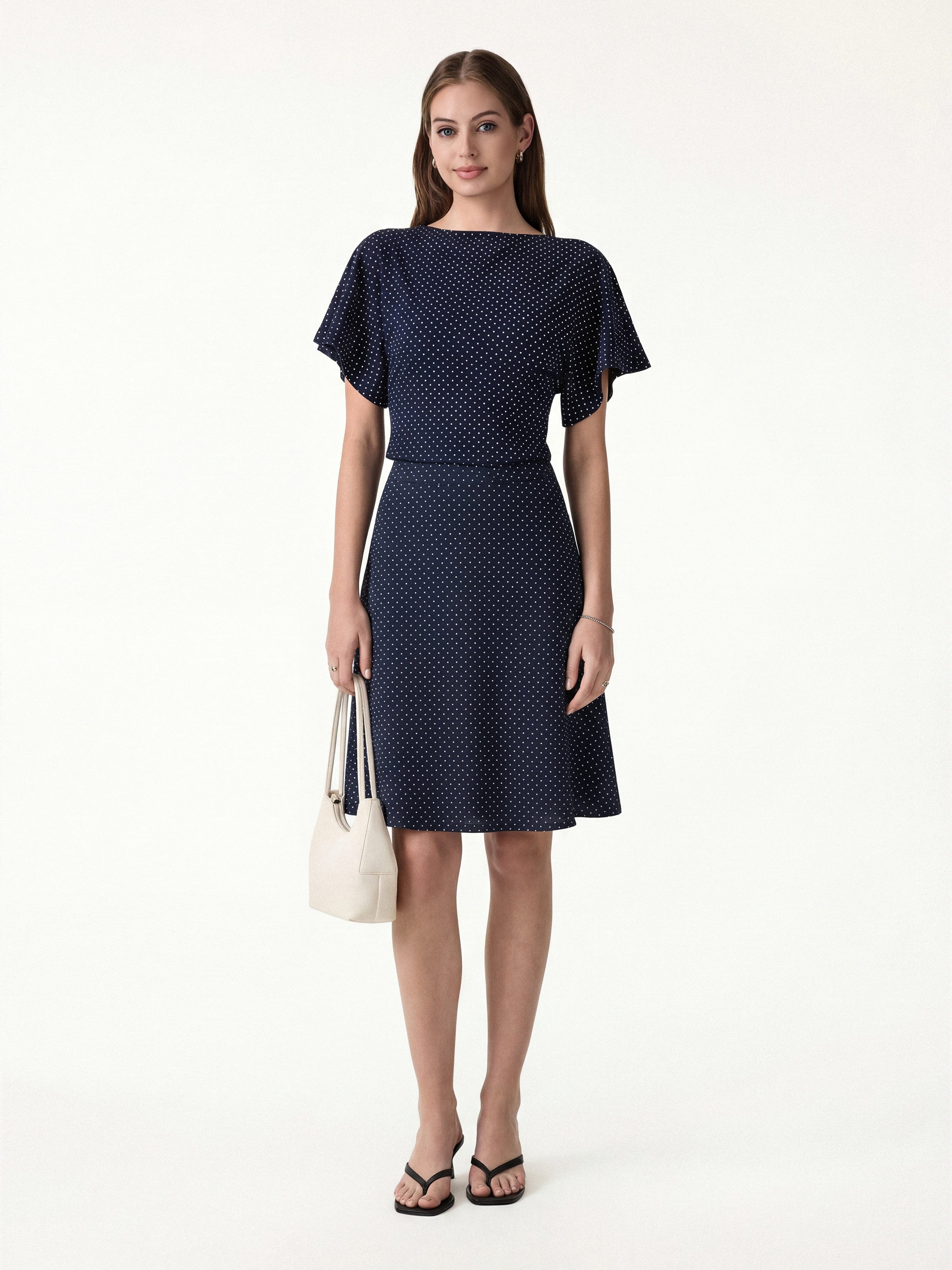 2Pcs Set Boatneck Flutter Sleeves Polka Dot Top & Line Flare Skirt Limited Edition