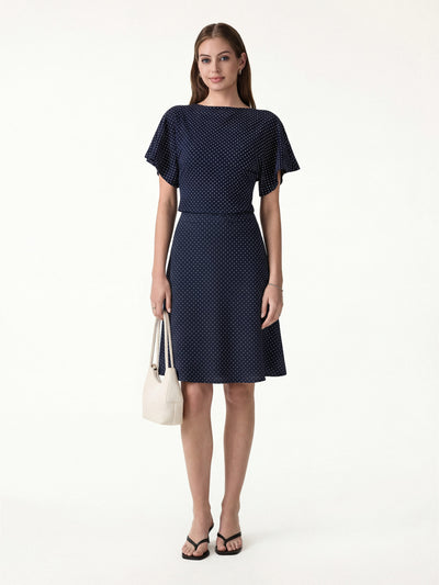 OGLmove 2Pcs Set Boatneck Flutter Sleeves Polka Dot Top & A-Line Flare Skirt Limited Edition Navy/White Polka Dot XS