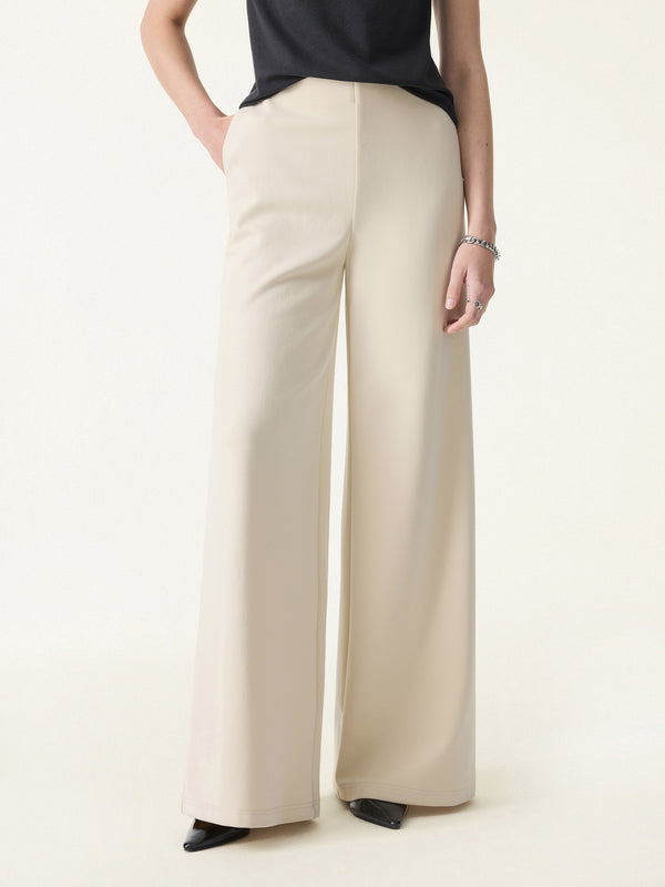 Stretch Cotton Blend Mid Rise Wide Leg Pants with Pockets Regular Beige