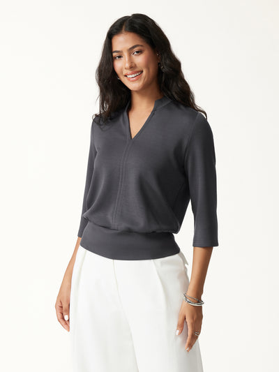 OGLmove Lyocell Spacer Knit V-Neck Elbow Sleeve Banded Top