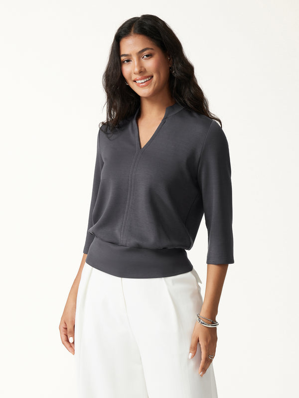 OGLmove Lyocell Spacer Knit V-Neck Elbow Sleeve Banded Top