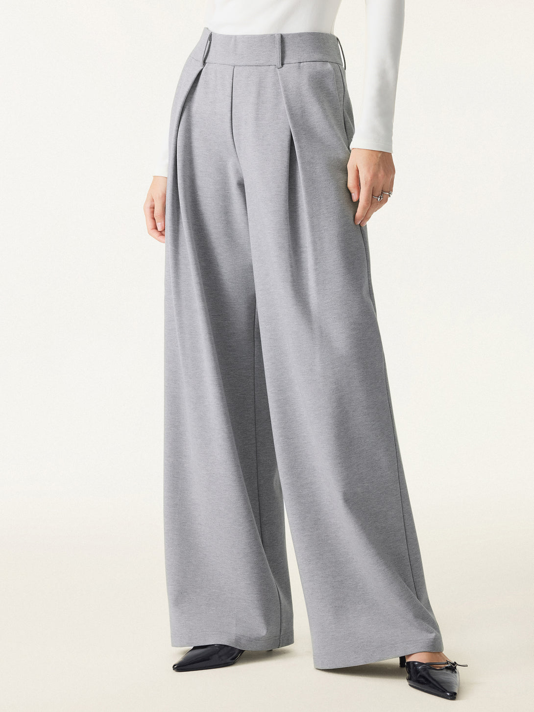 Wrinkle-Resistant Stretchy High Rise Wide Leg Pants with Pockets