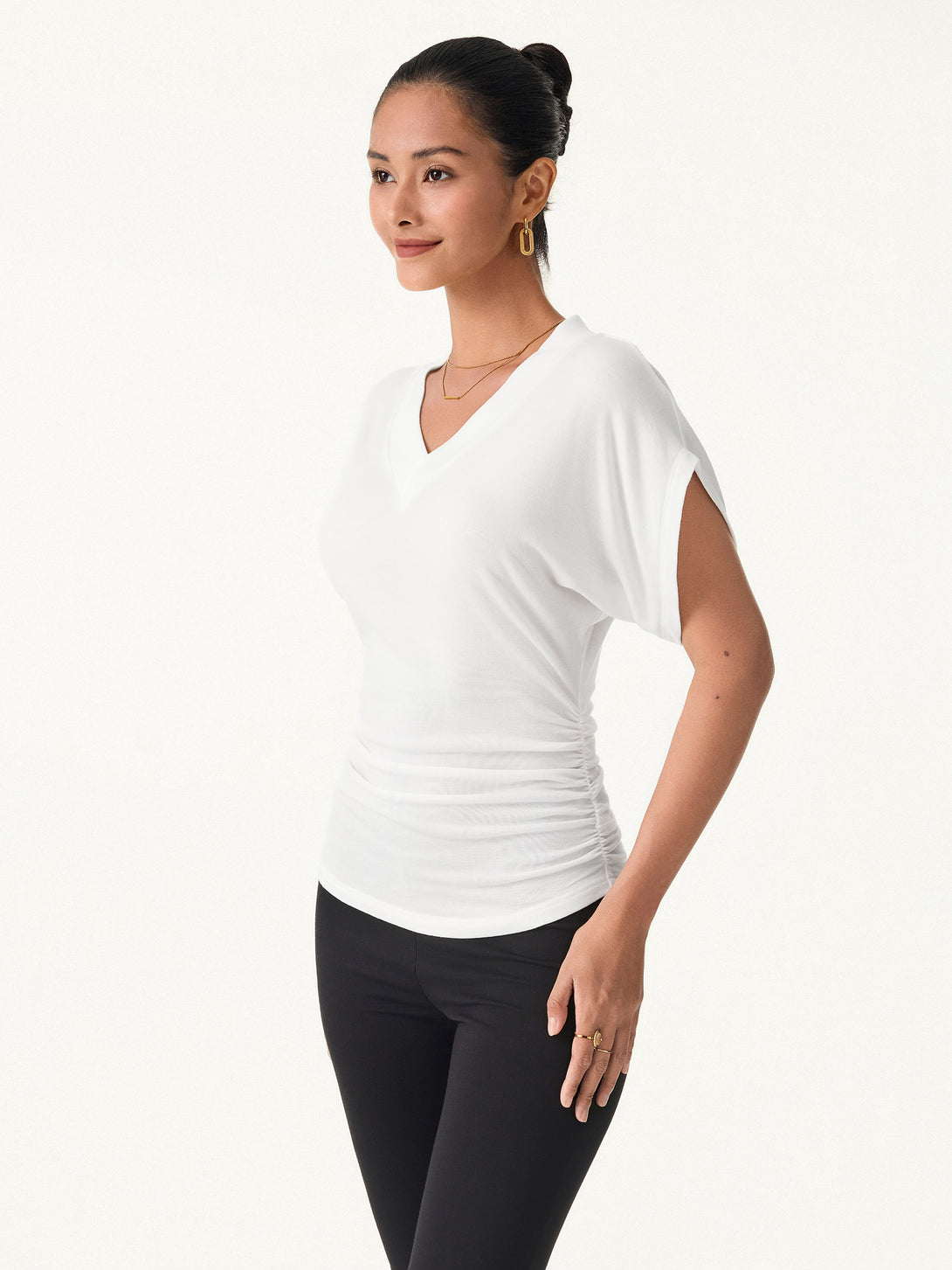 Semi-sheer Lyocell Cashmere Blend V-neck Short Sleeve Side Ruched Tee