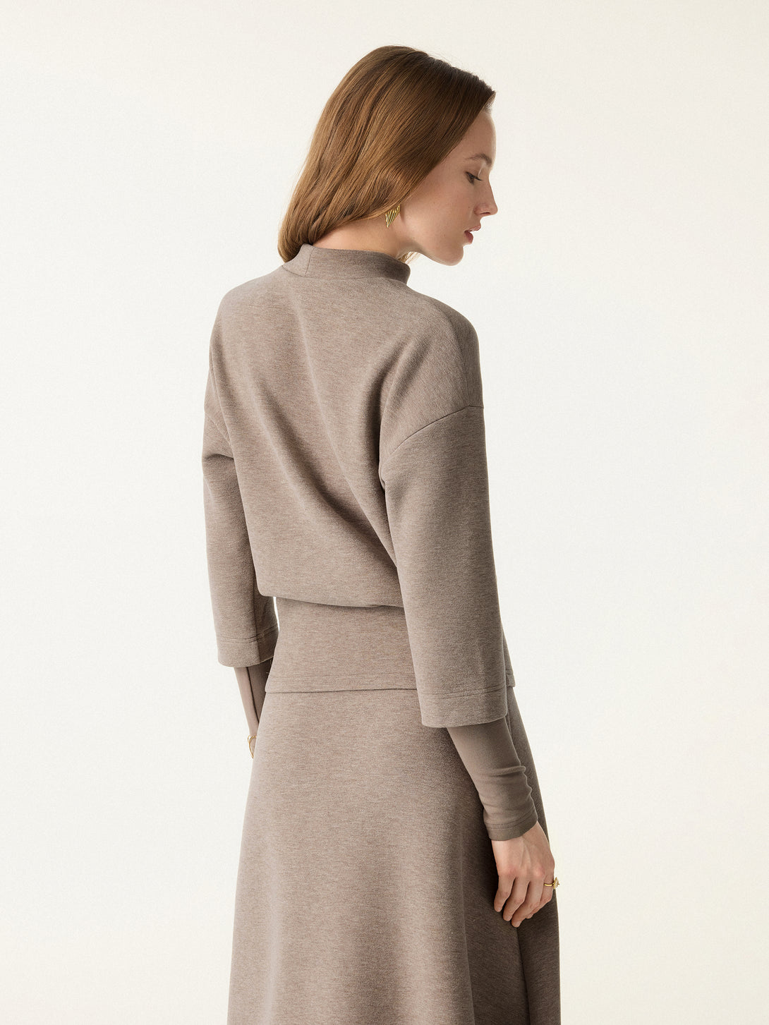 2Pcs Set FuzzLuxe Mockneck Sleeve-Warmer Top & Midi A-line Circle Skirt