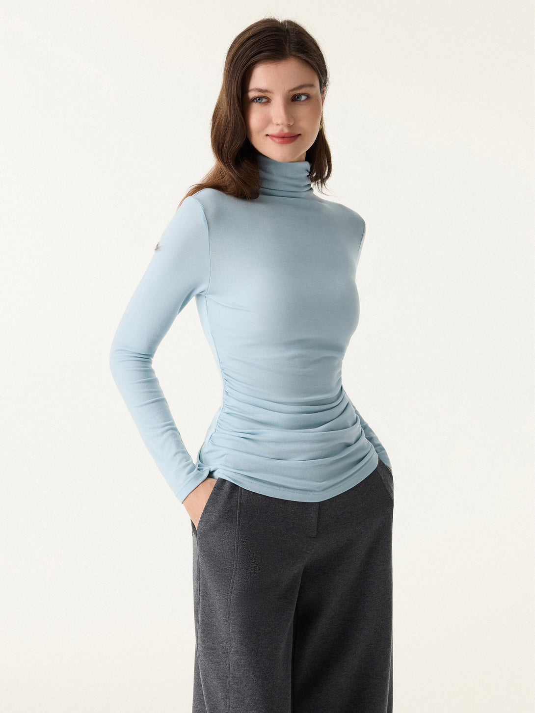 Turtleneck Side Ruched Top