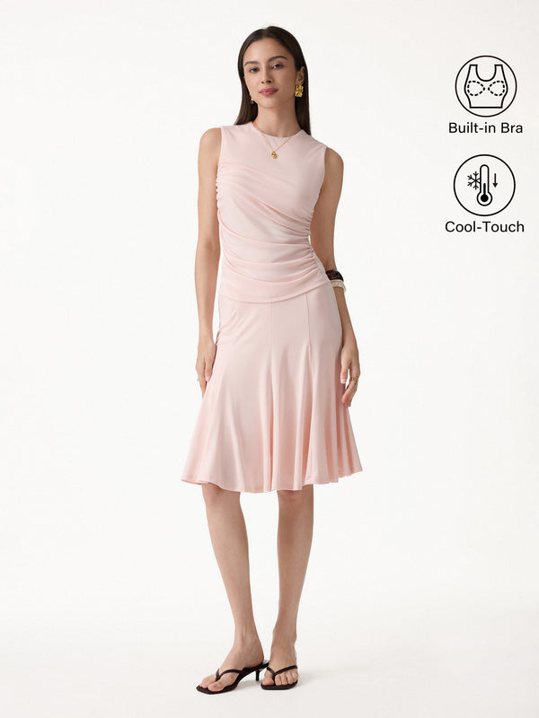 OGLmove 2Pcs Set Round Neck Bra Top & Knee-Length Skirt Peach Dust Pink XS