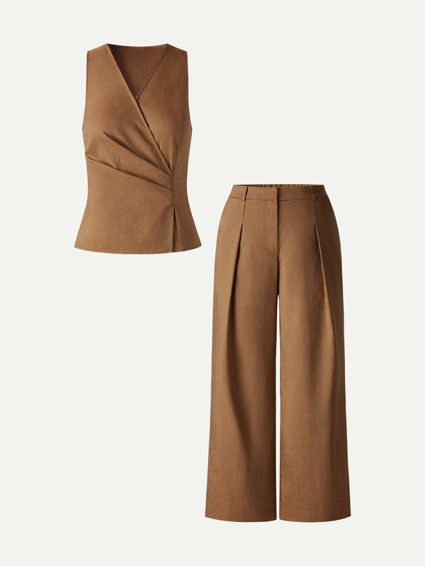 OGLmove 2Pcs Set Top with Side Twist & Cropped Wide Leg Pants