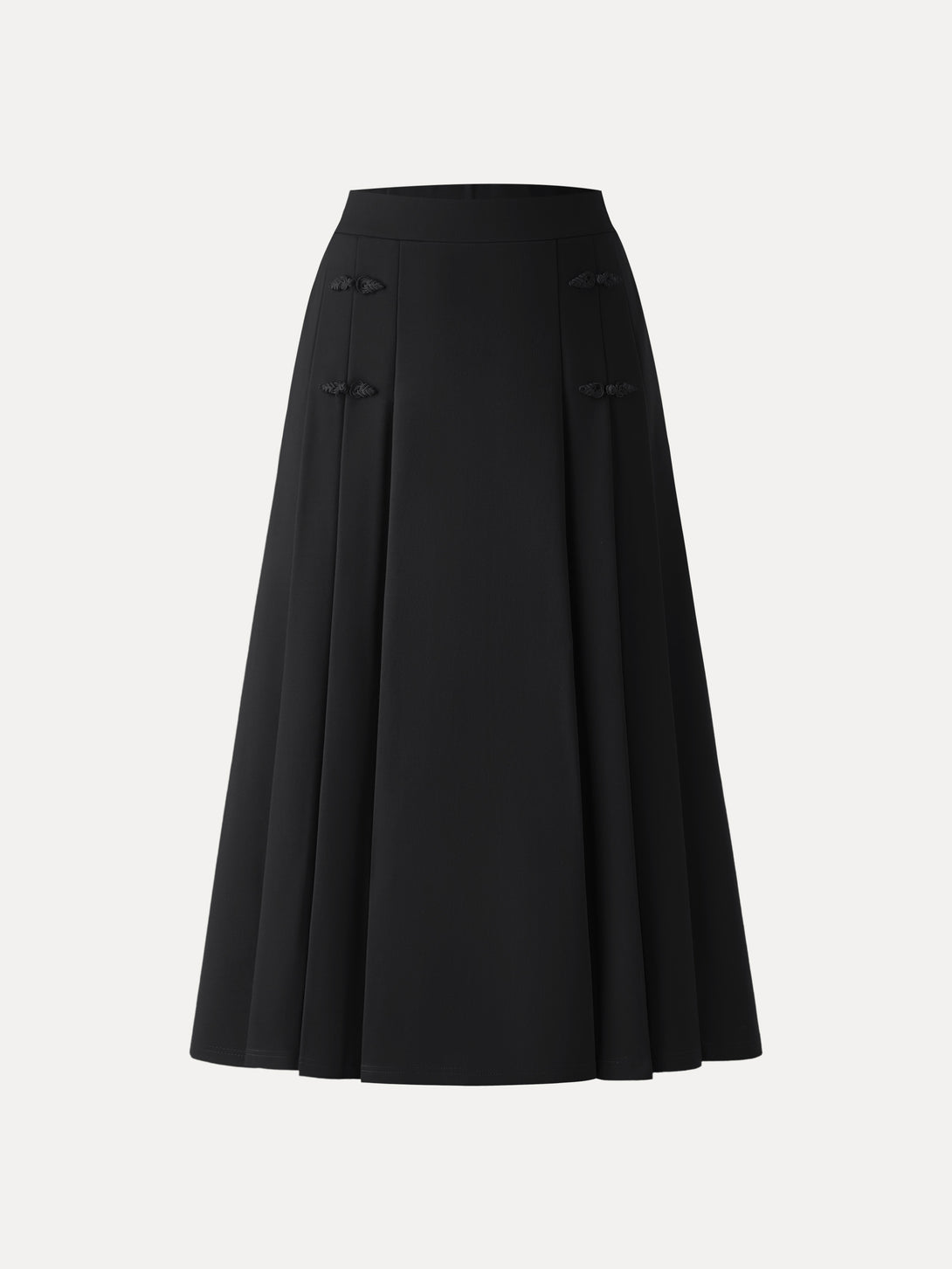Pleated Frog Button Decor Midi A-line Skirt Black XS