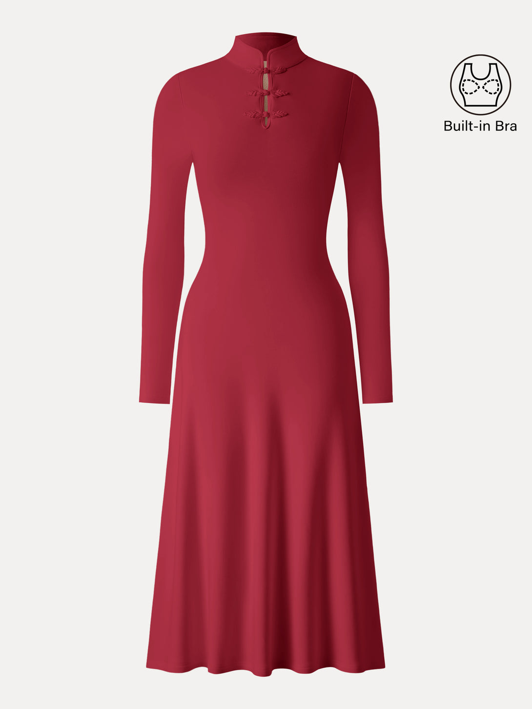 Mandarin Collar Frog Button Midi Brami Dress Luxe Red XS