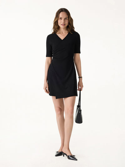 OGLmove Cotton Lyocell Surplice Ruched Fit-and-Flare Mini Dress