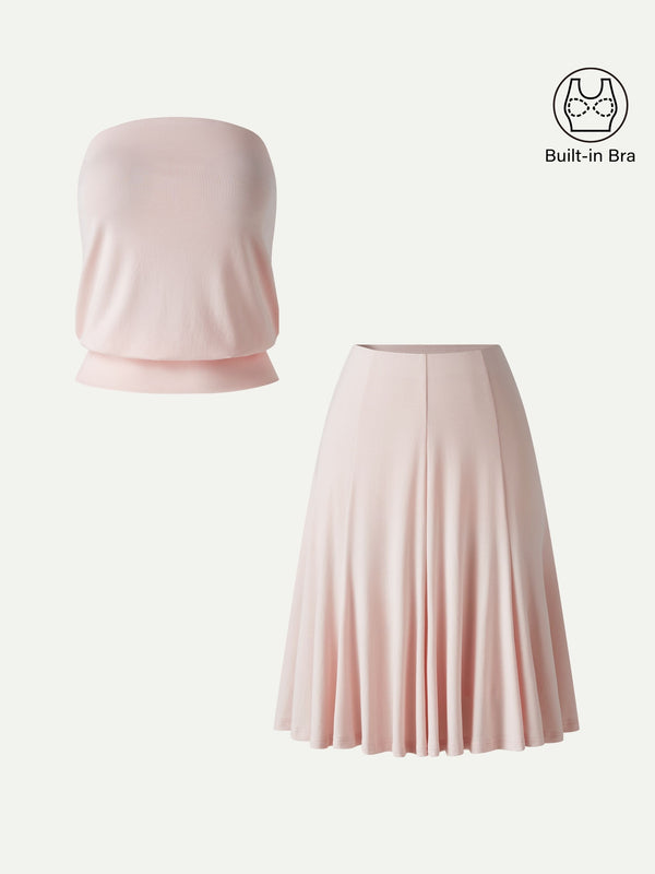 OGLmove 2Pcs Set Banded Hem Bra Top & Knee-Length Skirt