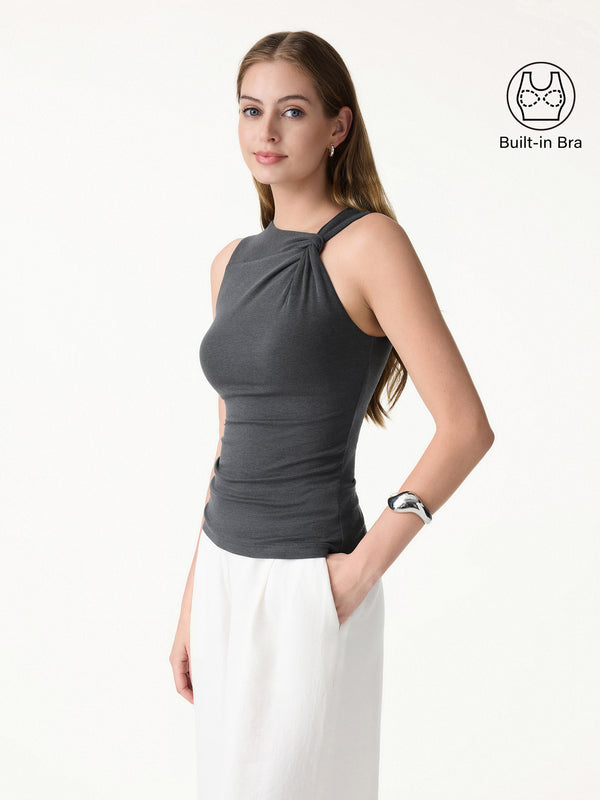 OGLmove Sweat-Wicking Asymmetrical Neck Knotted Bra Tank Deep Grey XS