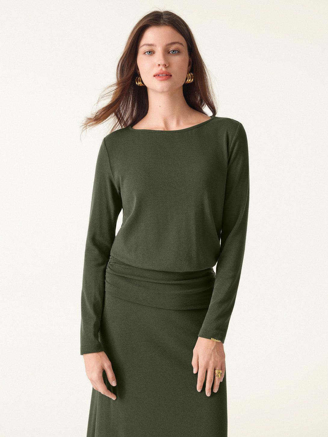 Light Warm Round Neck Side Ruched Top Deep Olive XS