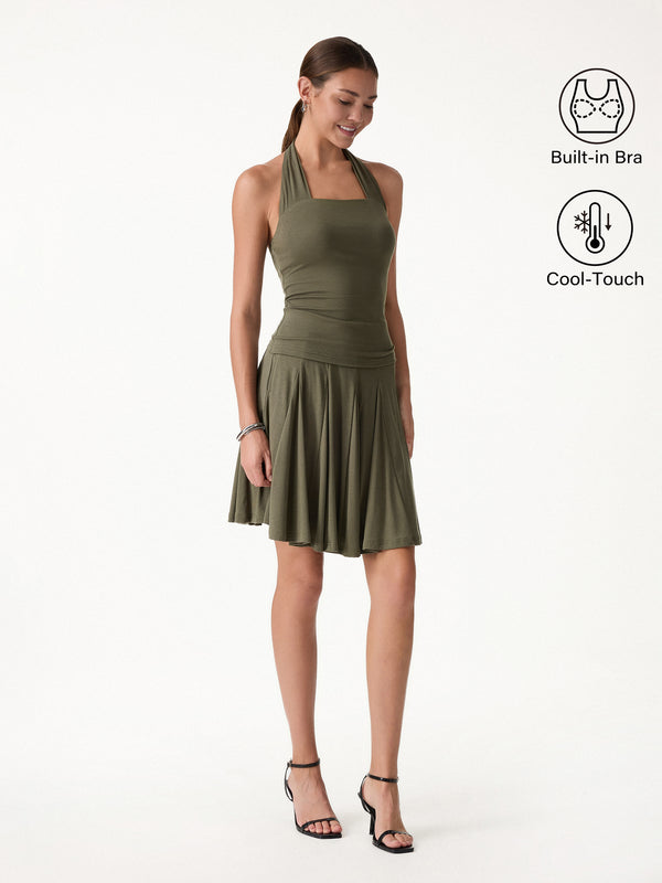 OGLmove 2Pcs Set Halter Going-Out Bra Top & Knee-Length Flare Skirt Ever Olive XS