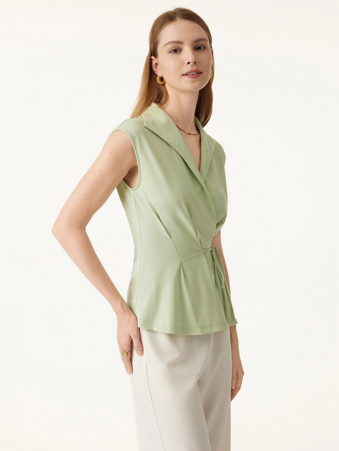 Icy Ponte Flap Collar Surplice Sleeveless Top with Drawstring Tie