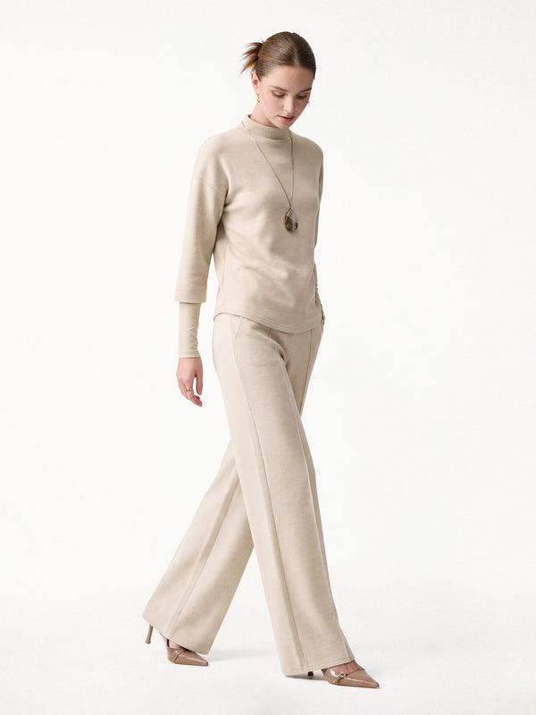 OGLmove 2Pcs Set Mockneck Top & High Waisted Straight Leg Pull On Pant Heather Beige XXS