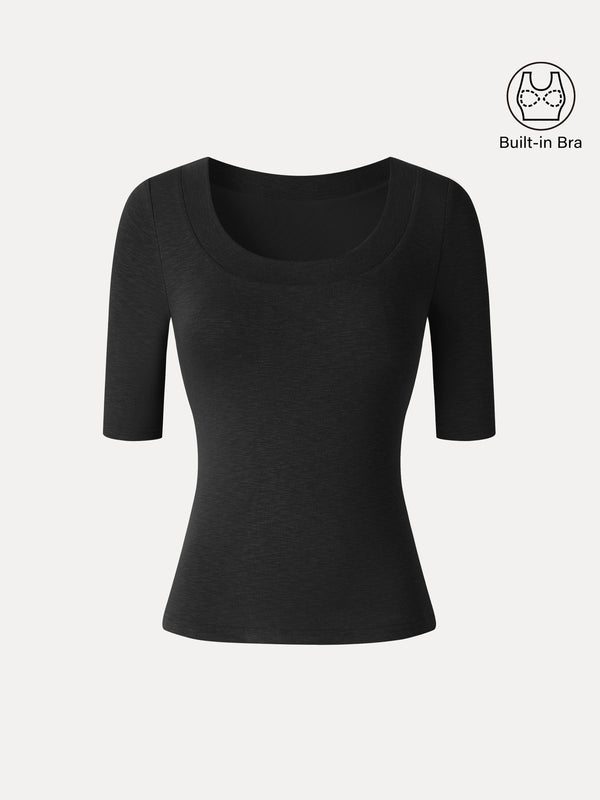 OGLmove LiteWarm Slub U-Neck Elbow Sleeve Built-In Bra Top 2.0 Black XXS
