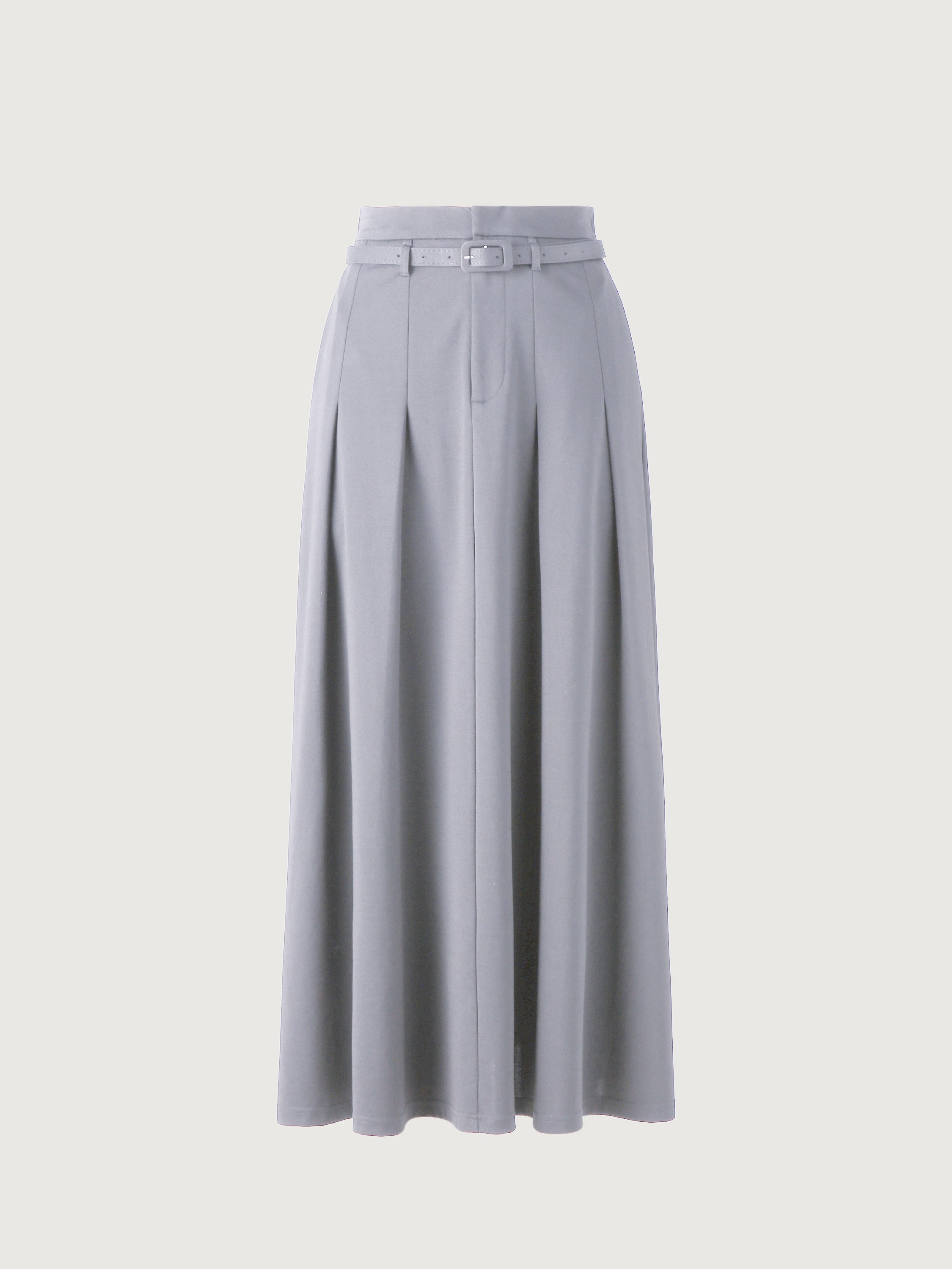 Pin-Tuck Midi Skirt with Belt - Beige