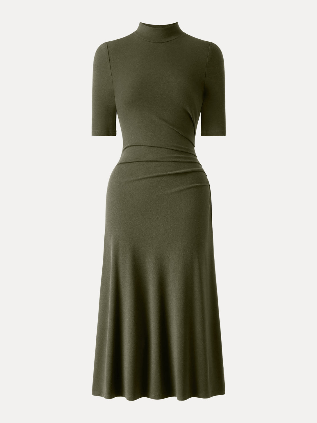 Mockneck Elbow Length Sleeve Tucked Midi Dress Regular Olive