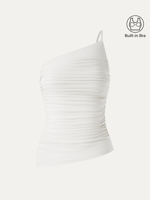 OGLmove SkinKiss Ruched One Shoulder Asymmetrical Bra Top Pure White XS