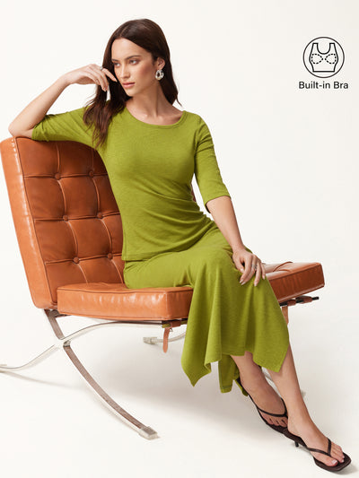 OGLmove 2Pcs Set Round Neck Elbow Sleeve Bra Top & Side-Slit A-Line Midi Skirt Citrus Green XXS