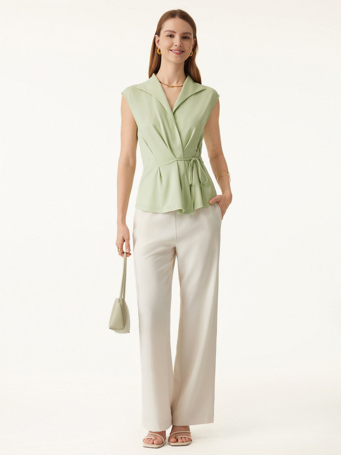 Icy Ponte Flap Collar Surplice Sleeveless Top with Drawstring Tie