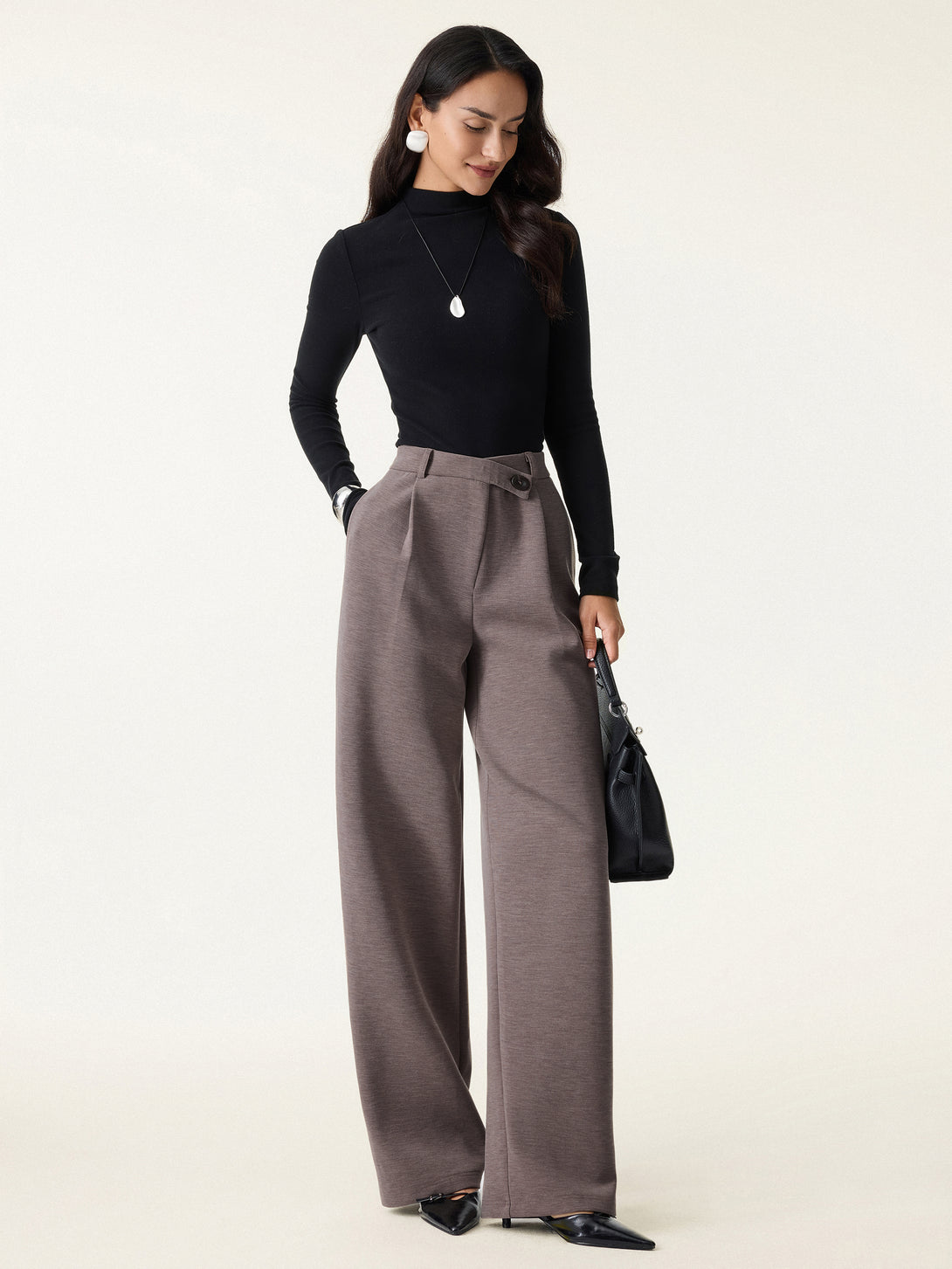 Cozy Warm High Rise Slanted Fly Front Wide Leg Pants
