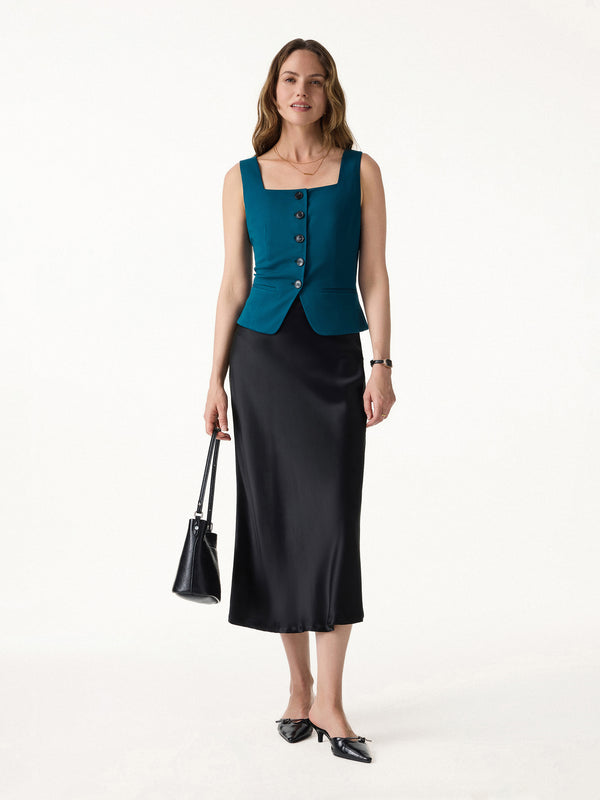 OGLmove 2Pcs Set Square Neck Waistcoat with Pockets & Wide Leg Ankled Pant
