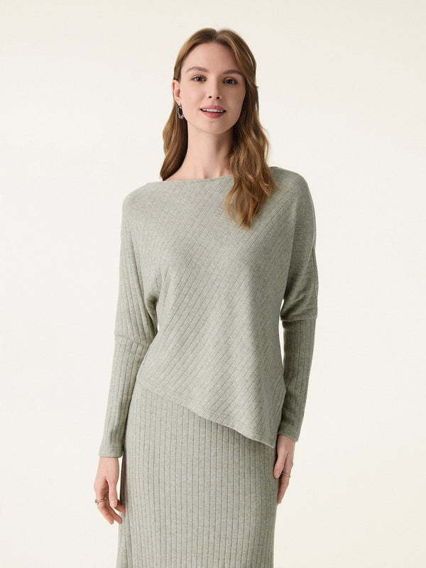 Wide Rib Boatneck Asymmetrical Long Sleeve Top Heather Light Sage XS