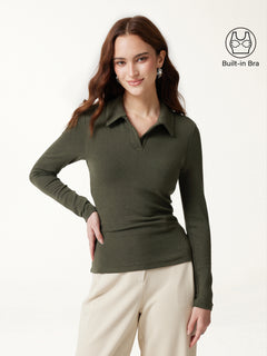 OGLmove LiteWarm Office Staple V-Neck Lapel Long Sleeve Built-In Bra Top 2.0 Deep Olive XXS