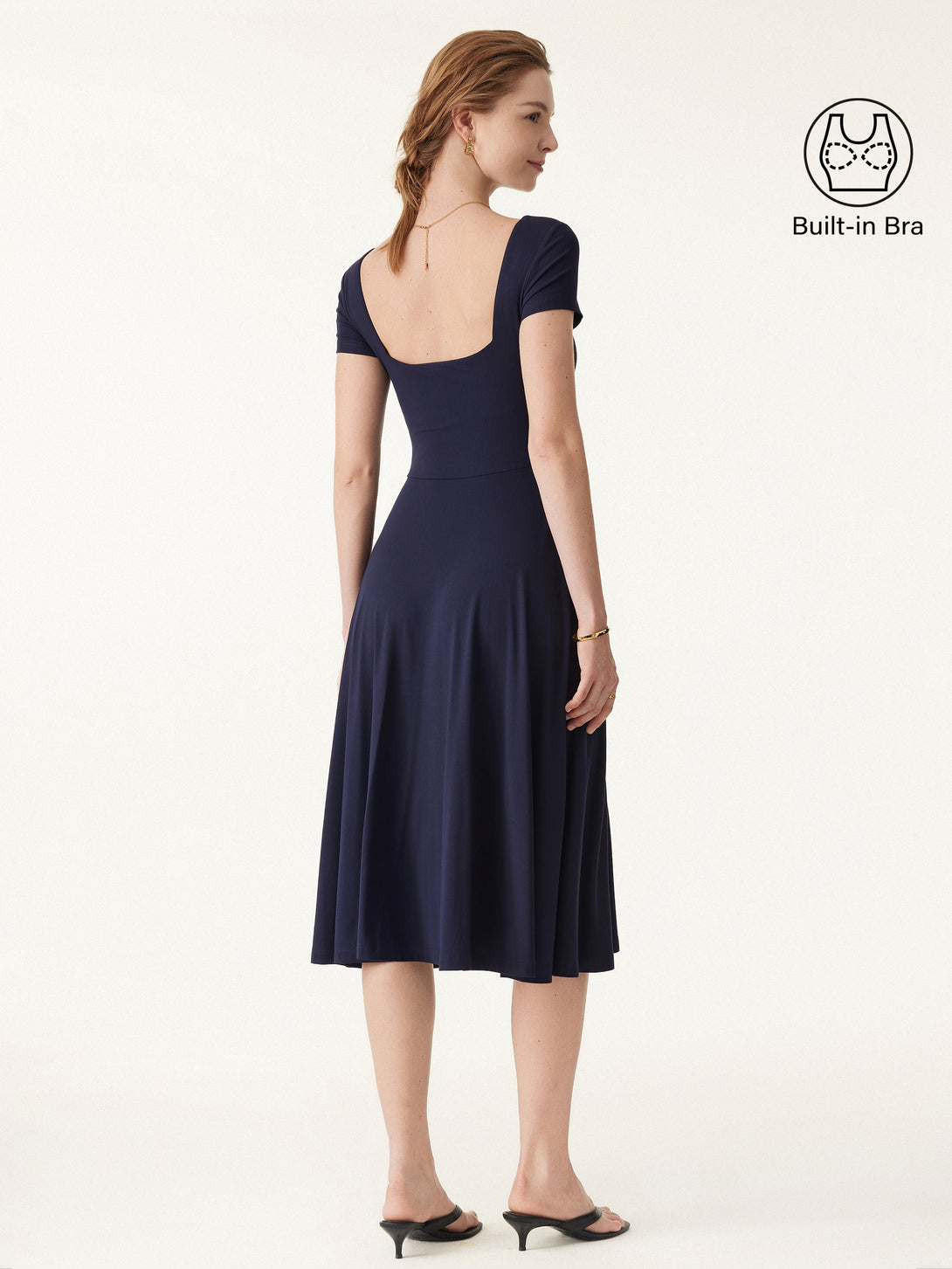 flowy sleeve midi dress Casual Going Out Regular Fit Midnight Navy/XS Midi Dresses Fitted Sleeves Short Sleeves Square Neck Women Dresses OGLmove