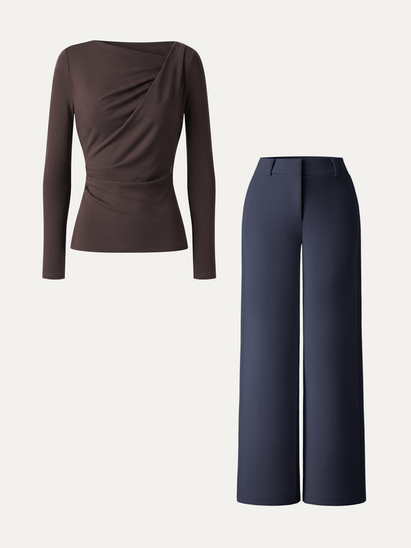 OGLmove 2Pcs Set Asymmetrical Neck Long Sleeve Top & Mid Rise Wide Leg Trouser